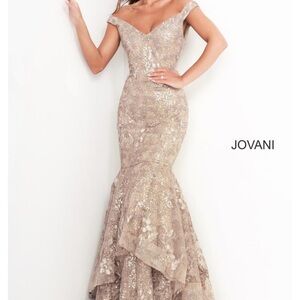 Jovani Gold Ruffled Tiered Gown